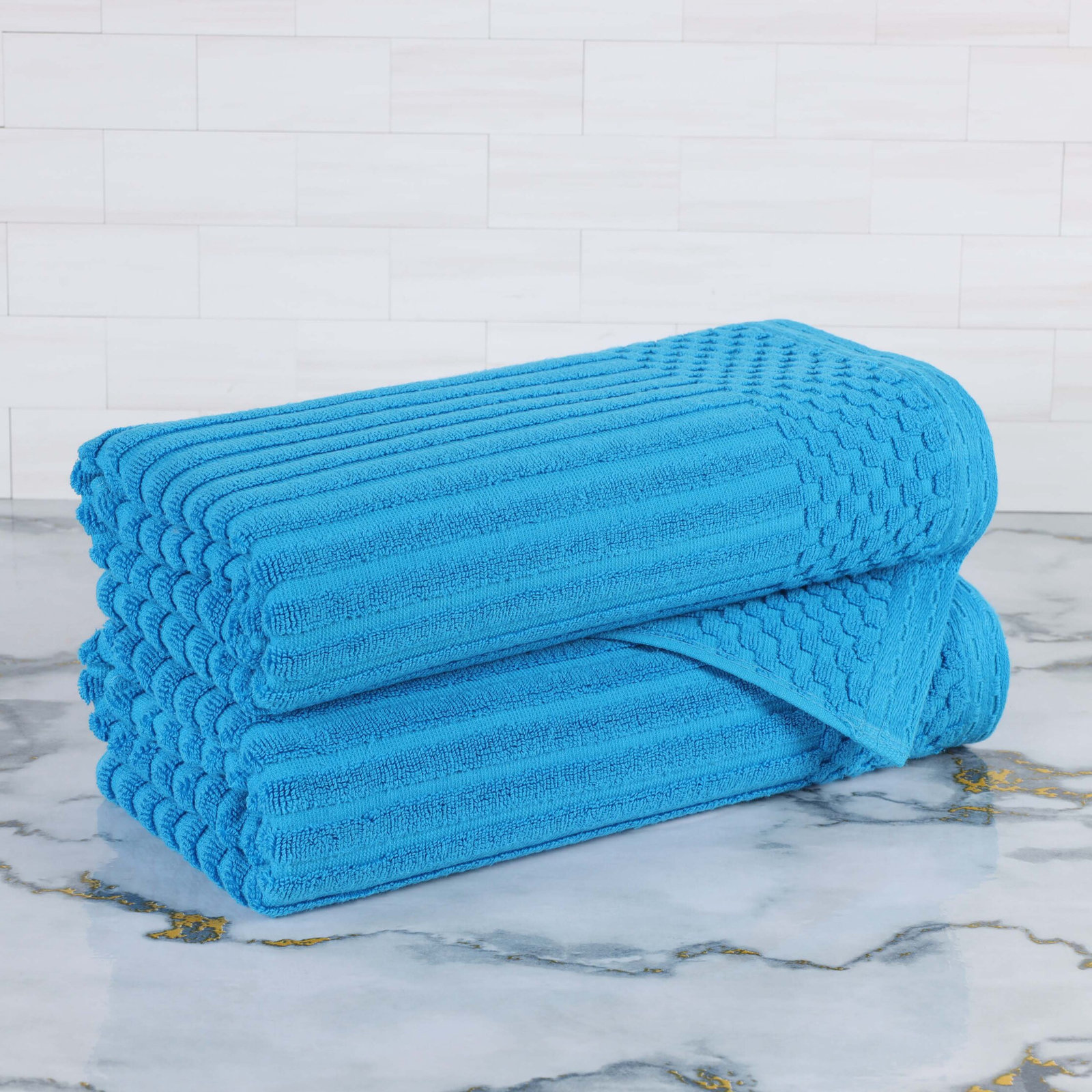 Ruvins Cotton Highly Absorbent Solid and Checkered Border Bath Towel Set, Sky Blue