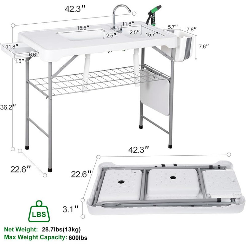Évier de camping portatif 42,5 po avec robinet pliable, tuyau de drainage et pulvérisateur