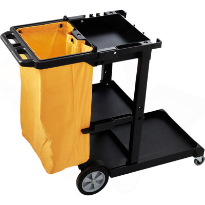 Chariot de nettoyage, chariot de conciergerie commercial à 3 tablettes, chariot de ménage en plastique d'une capacité de 200 lb, avec sac en PVC de 25 gallons, 47 x 20 x 38,6 po, jaune et noir