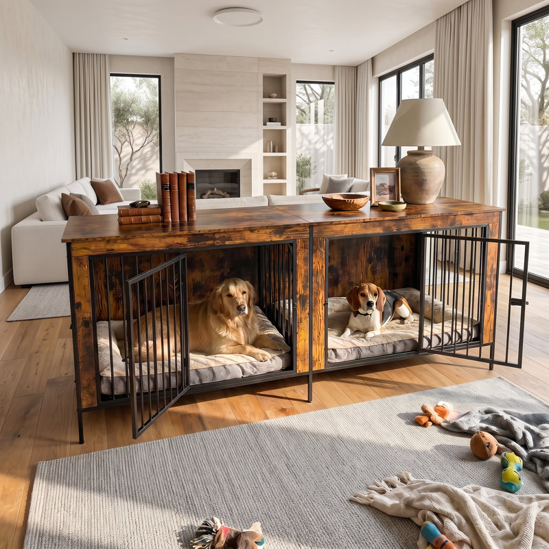 Cage pour chien style Dorien avec séparateur, grande niche en bois avec table d'appoint, pieds surélevés pour aspirateur robot, structure métallique robuste, meuble cage pour animaux à plusieurs portes