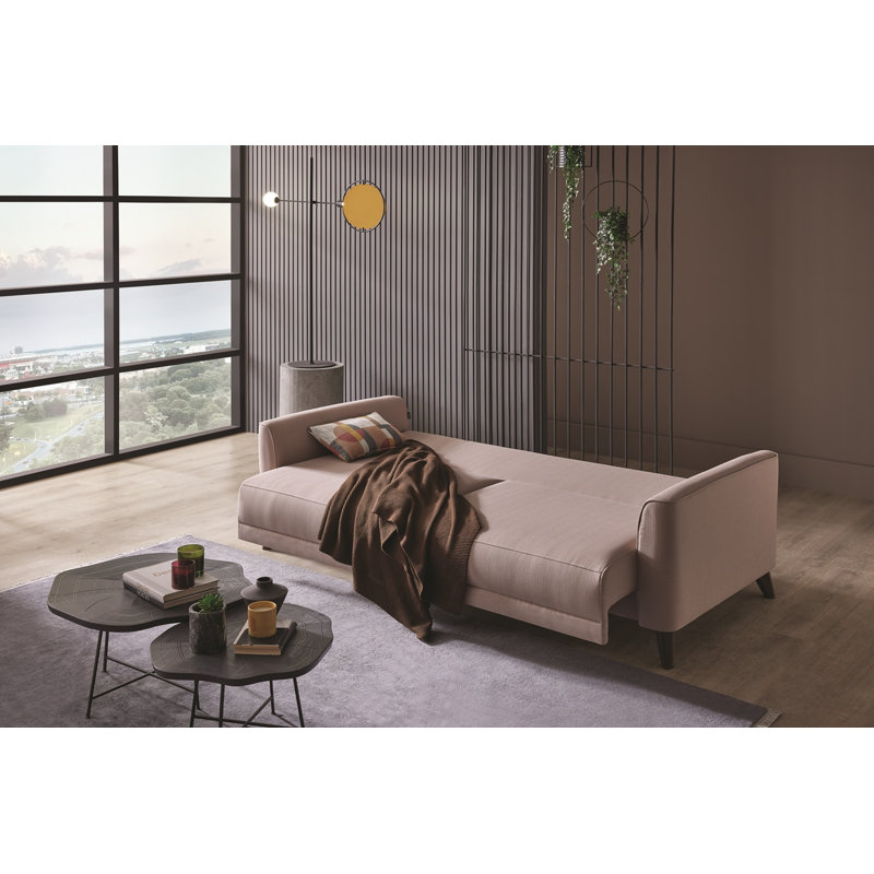Canapé-lit à 3 places avec rangement Enza Home Alto, canapé-lit convertible moderne avec mécanisme d'ouverture facile, tissu rembourré, structure en bois massif couleur sable