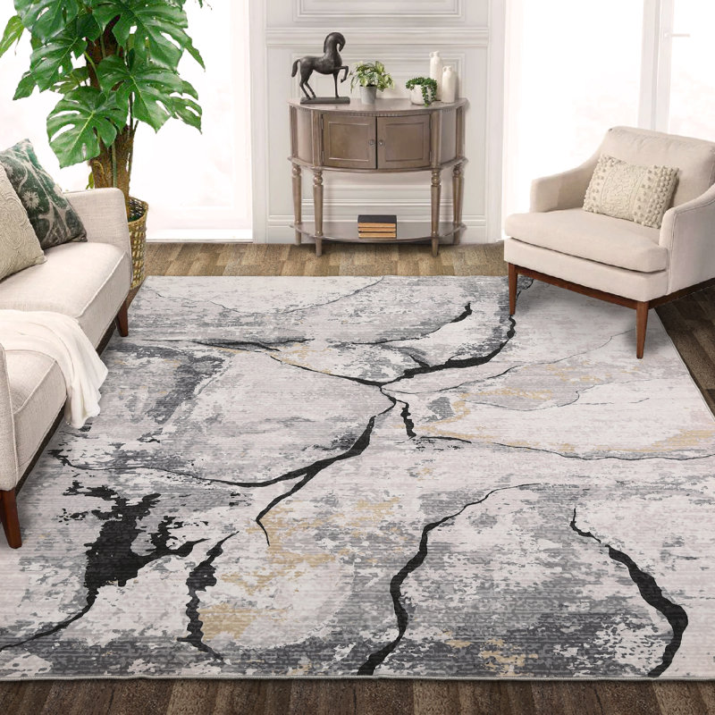 Tapis abstrait lavable pour salon, chambre à coucher et buanderie, Gray, Rectangle 8' x 10'