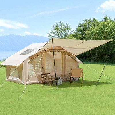 Tente de camping gonflable de 6,3 M² avec auvent, coupe-vent imperméable 4 saisons, lanterneau transparent et tente imperméable Oxford 420D avec fenêtres / portes en filet