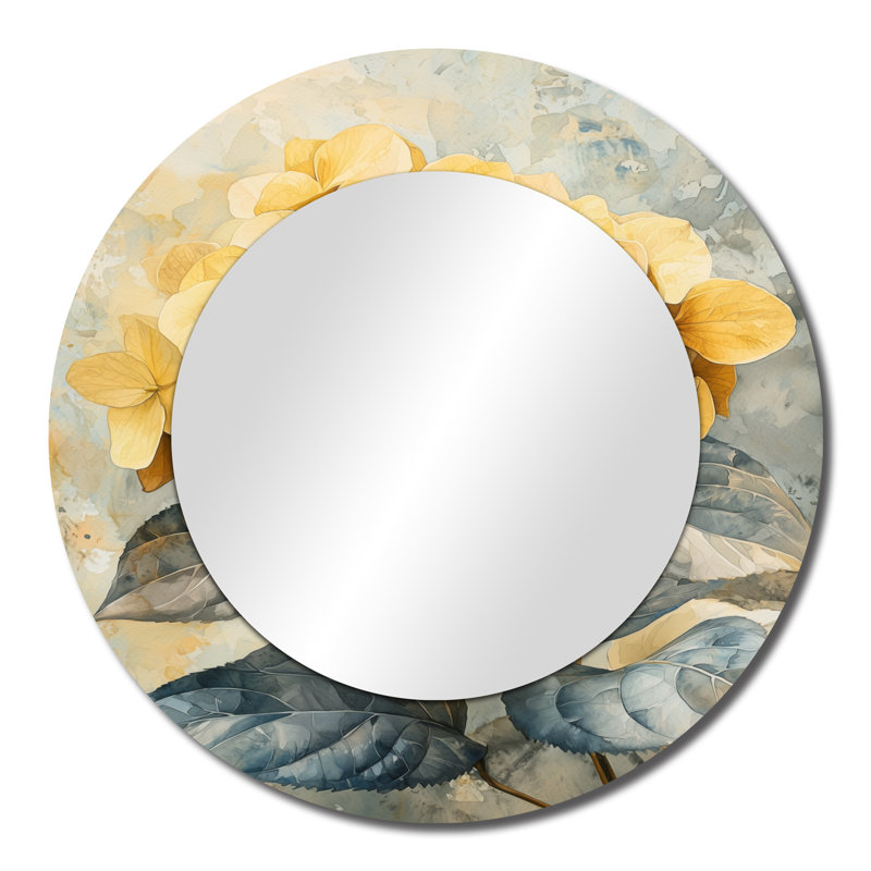 Fleurs d'hortensia jaune doux I - décoration murale miroir floral - imprimé sur métal, 23 po x 23 po