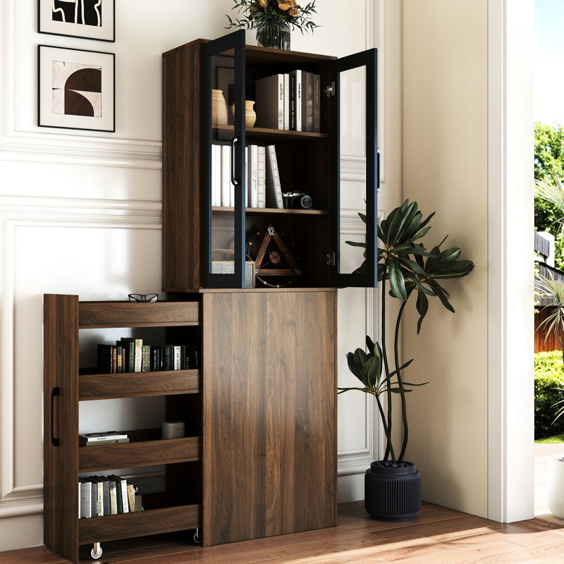 72.76" H, Modern Wooden, 4 Tier Pull-Out, Display Cabinet, Glass Doors, Living Room, Kitchen, Office Organization 2 Doors Multi-Functional H Cabinet For Store Salon And Kitchen Storage