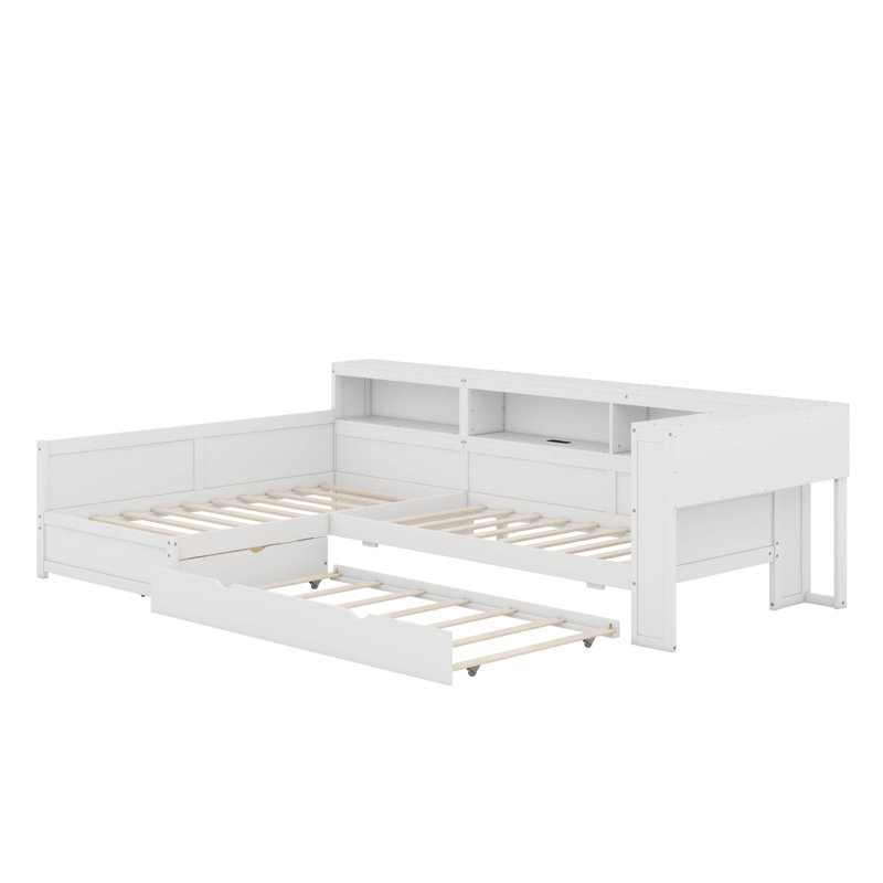 Lit plateforme simple en L en bois avec lit gigogne et tiroir, Blanc