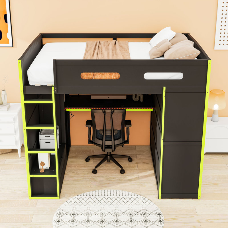 Full Size Gamer Loft Bed With Desk, RGB Lighting And USB,Drawers, Green