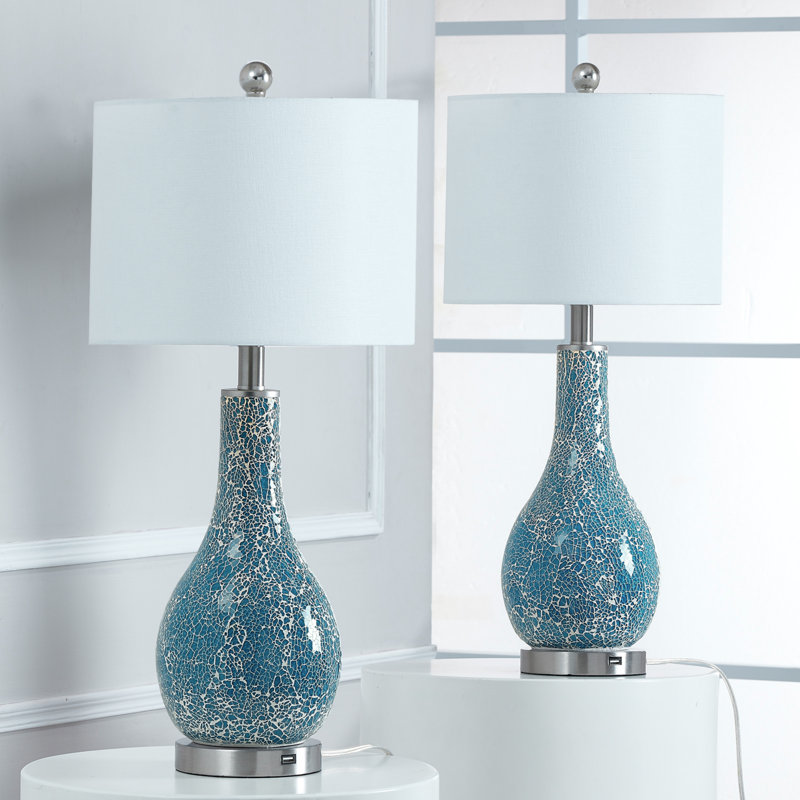 Dishman 25.25" Glass & Metal Table Lamp Set (with USB) - Coastal MCM Modern Funky Accent Table Lamps for Bedroom Bedside/Nightstand, Living Room & Desk