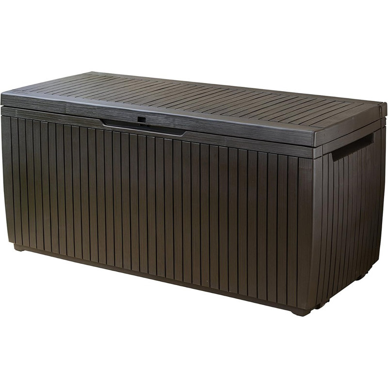 Boîte de rangement extérieure en résine de 80 gallons pour coussins de patio, jouets de piscine et outils de jardin, brun