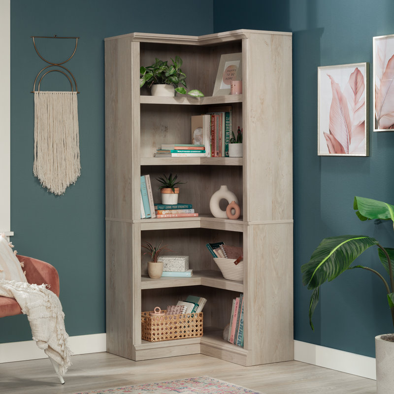 Bibliothèque d'angle à 5 tablettes avec rangement, Naturel