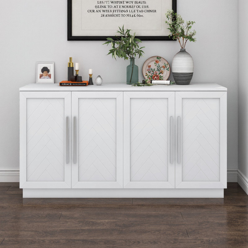 Buffet 60 po - Poignées argentées, tablettes réglables, rangement pour la salle à manger / cuisine, Blanc