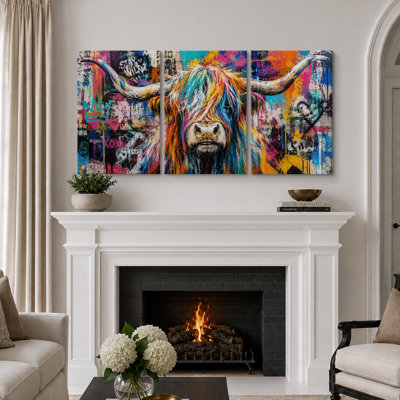 Colourful Highland Cow Graffiti Animal Artwork, Living Room Pictures, Framed Canvas Giclee Print 3 Pieces Wall Art