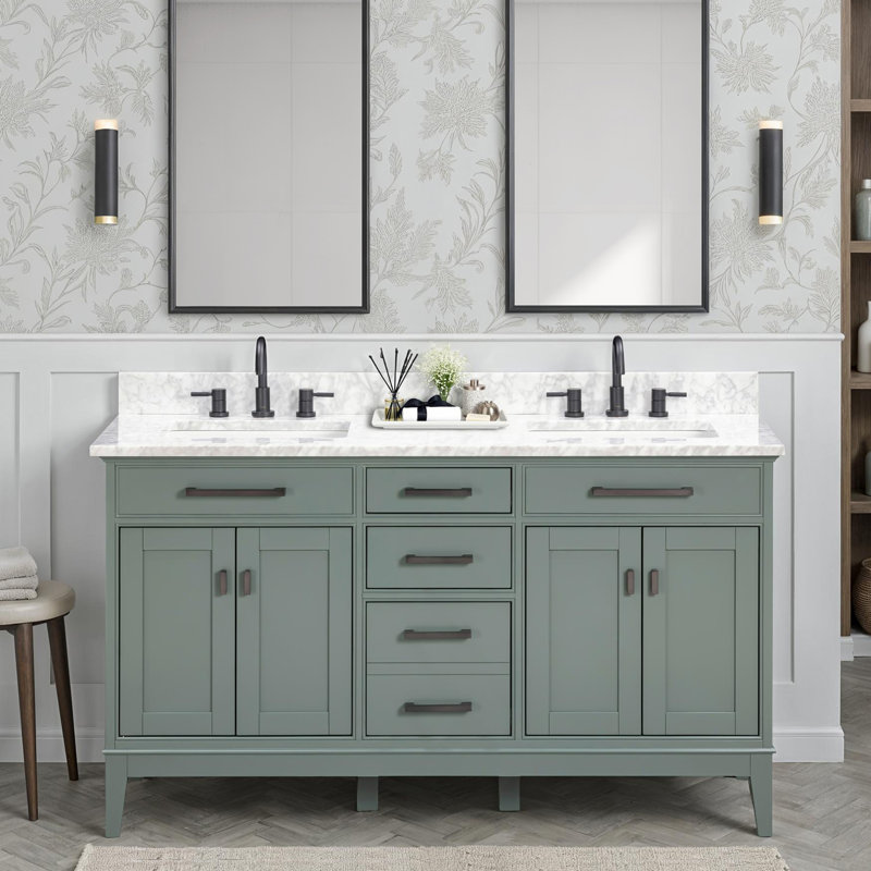Madison 60" Double Bathroom Vanity with Carrara Marble Top, Carrera White, Smoke Green