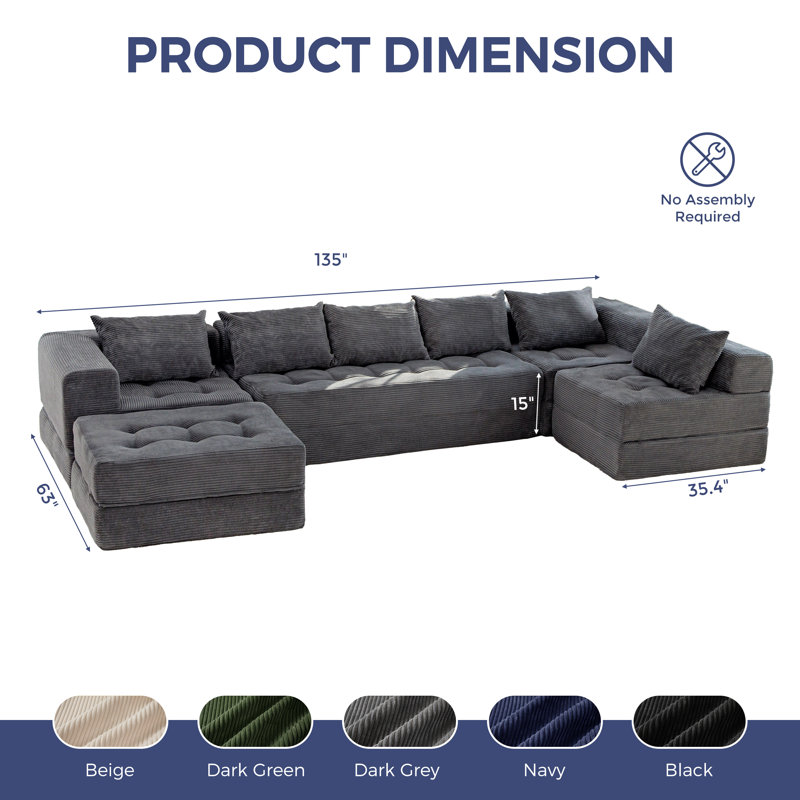 Boneless U Shaped Modular Sectional Sofa Couch, 15" H x 135" W x 63" D, Gray Corduroy