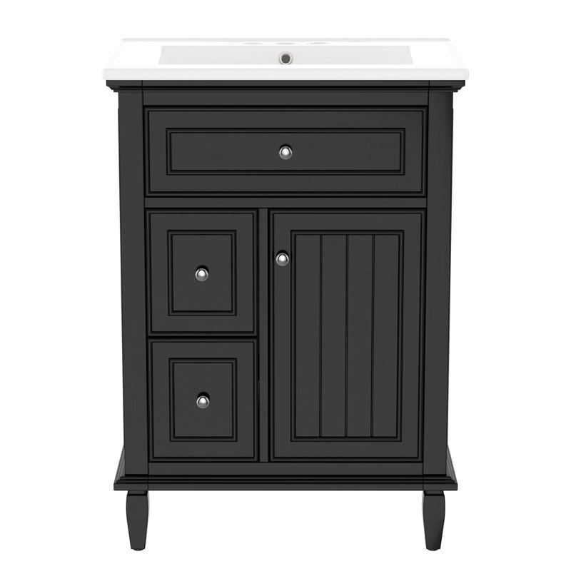 Meuble-lavabo 24 po avec lavabo, meuble-lavabo avec un tiroir rabattable et deux tiroirs, tablette réglable, bois massif et panneau de fibres à densité moyenne, noir