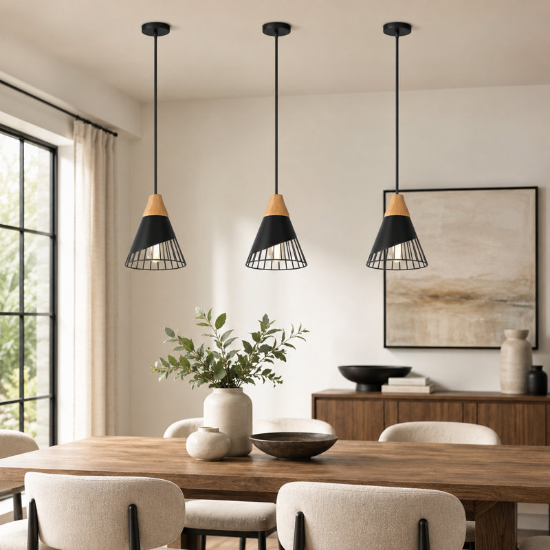 Luminaire suspendu conique en métal à 1 lumière avec texture de bois, Black