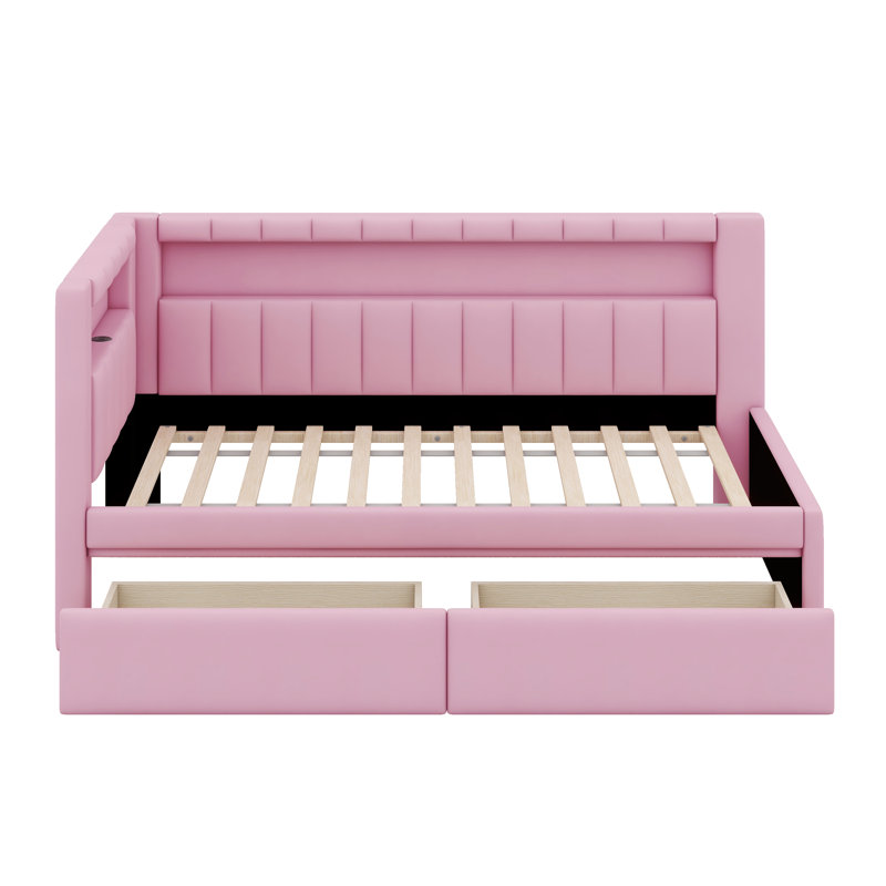 Upholstered Platform Daybed With Two Storage Drawers, Upholstered Bed Frame With USB, Pink