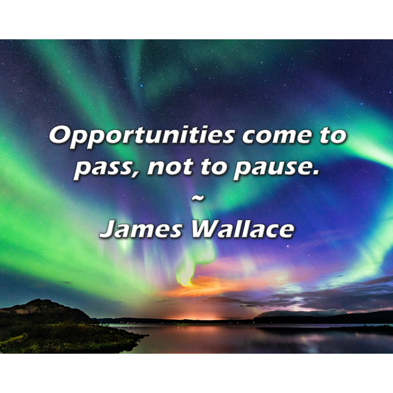 James Wallace Quote: Opportunities come to pass, not to pause., 15" H x 18" W