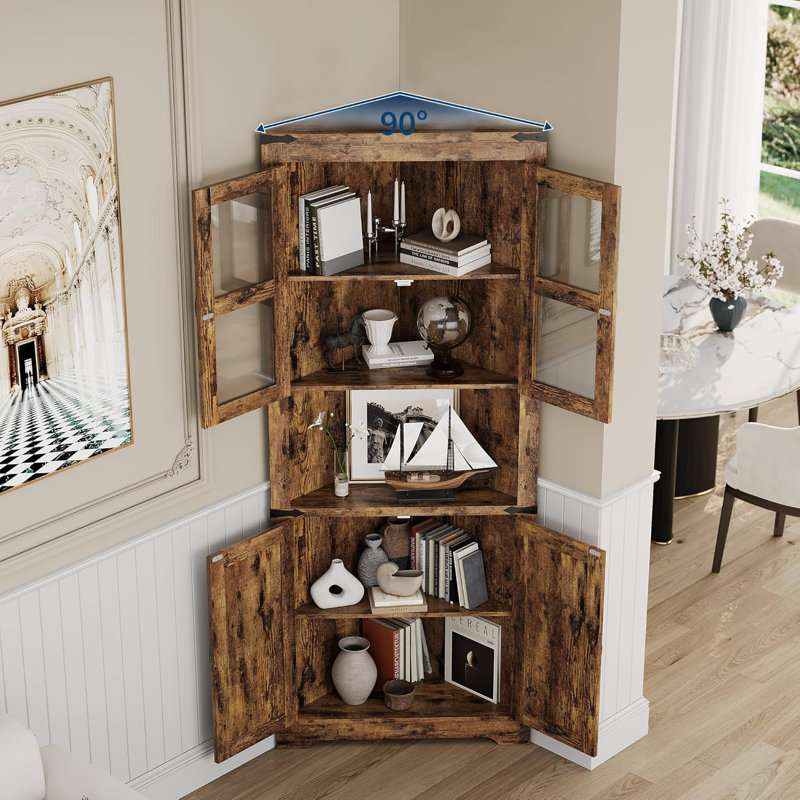 Tall Corner Cabinet, Farmhouse Corner Storage Cabinet with Glass Door & Adjustable Shelves, Brown