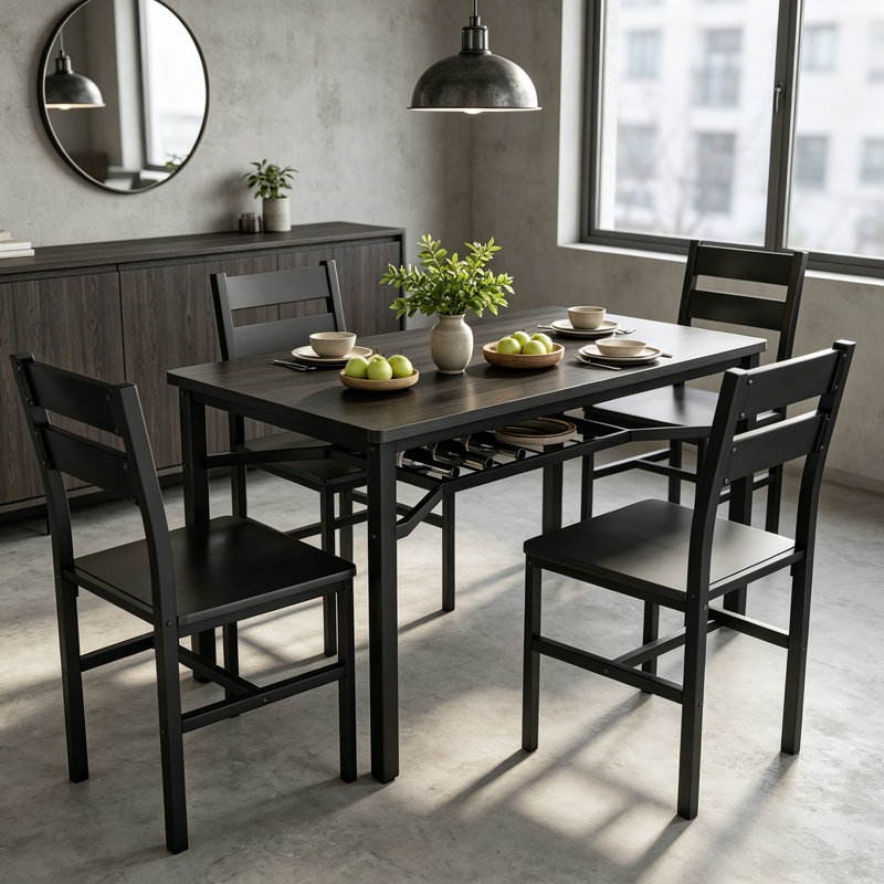 Modern Farmhouse Style 5-Piece Dining Room Table And Chairs Set, Rectangle Small Kitchen Table Set With 4 Chairs And Storage Rack, Particle Board Top And Metal Frame Dinette Set For 4, Space-Saving Design Bar Table Set