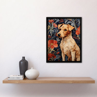 Fox Terrier On Elegant Poppy Floral William Morris Style - Single Picture Frame Print