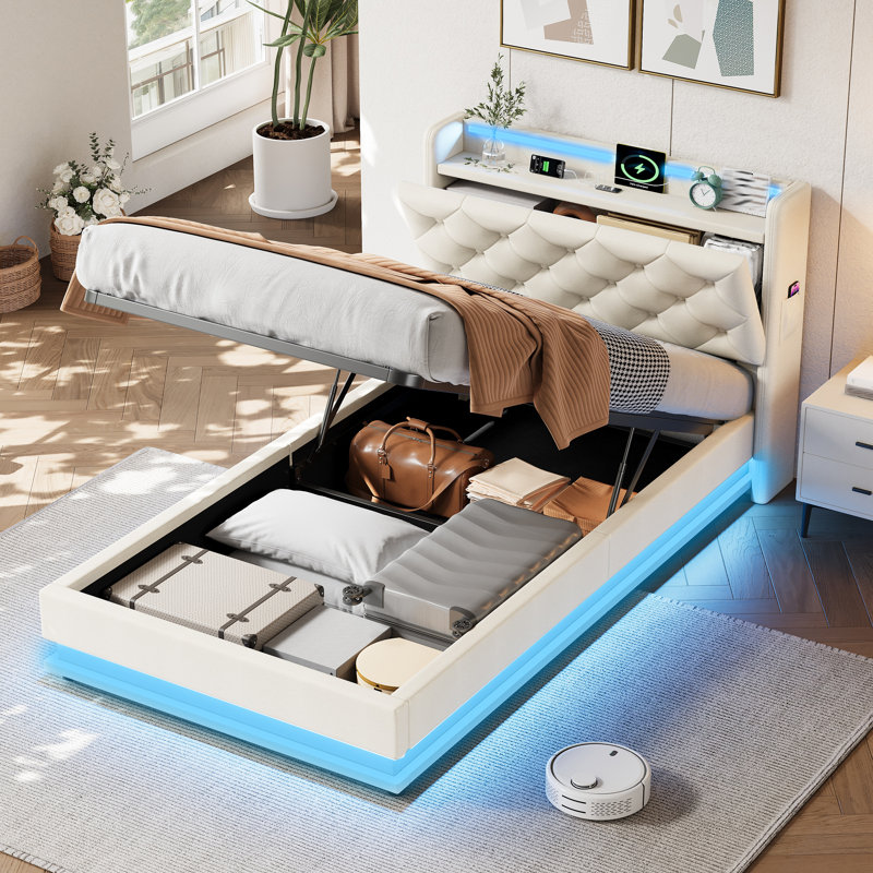 Metal Ottoman Storage Bed, Beige