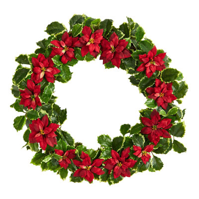 Poinsettia and Variegated Holly Christmas Wreath