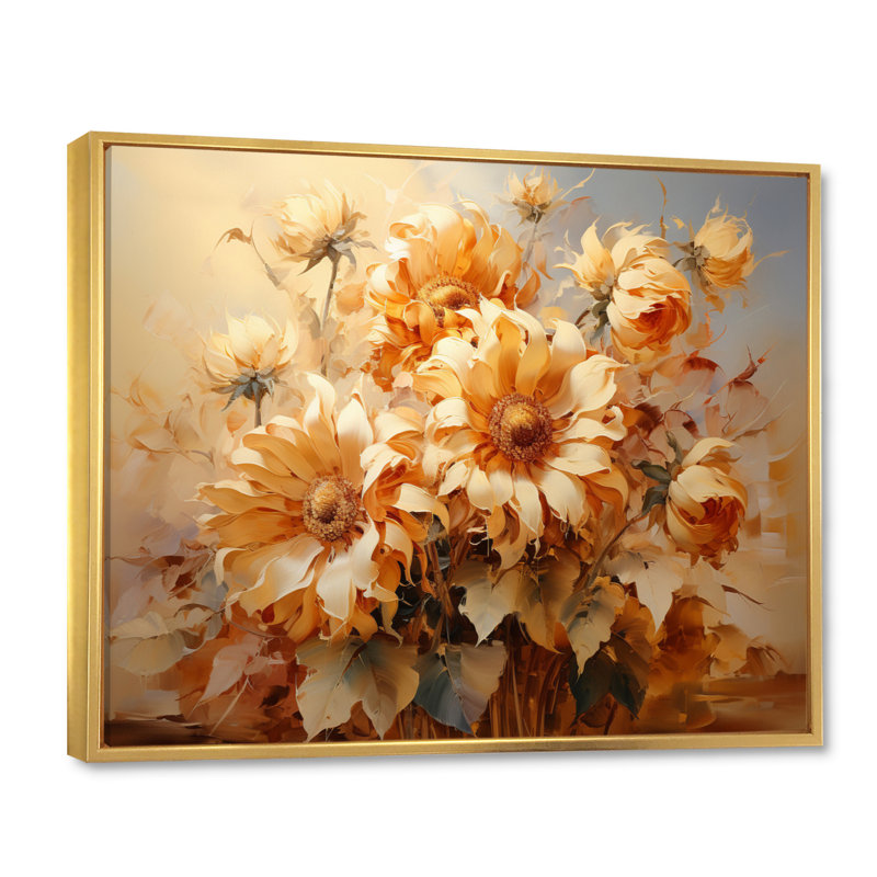 Beige tournesols, impression romantique I - impression, Cadre flottant doré, H 34 po x l 44 po x P 1,5 po