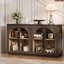 Buffet rétro en verre à 4 portes avec tablettes réglables, espresso | Bois d'hévéa + panneau de fibres à densité moyenne + placage de chêne