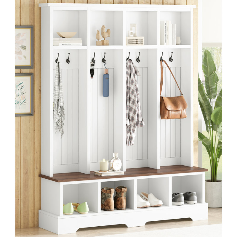 Farmhouse Hall Tree With 8 Hooks,modern 3-in-1 Wooden Style Coat And Shoe Rack, White