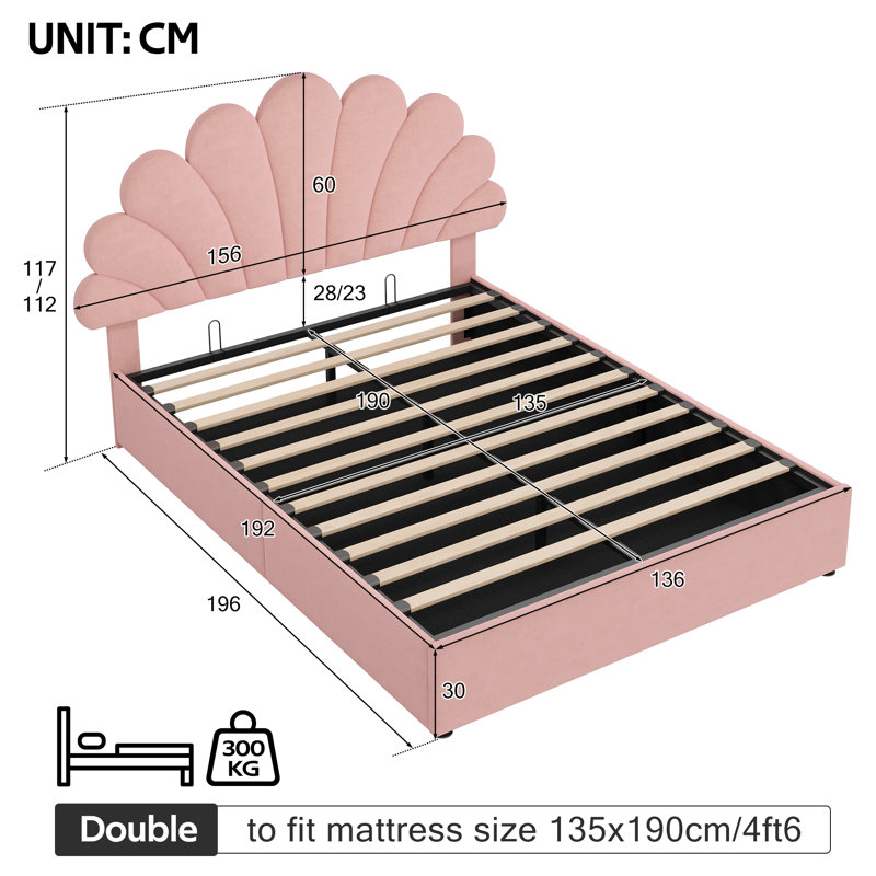 Double Size Ottoman Bed Velvet, Pink, Double (4'6)