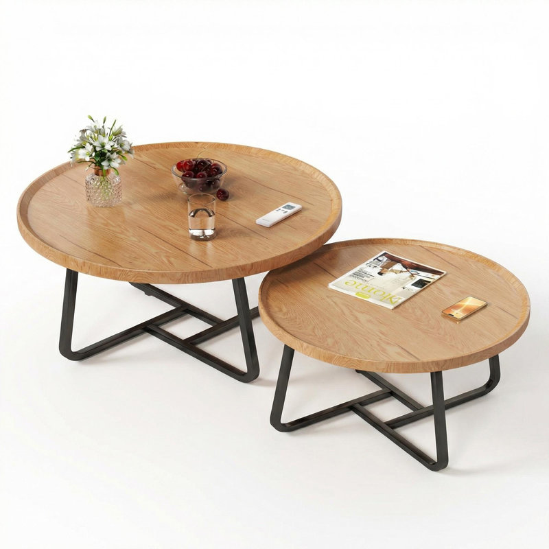  Mid Century Modern Nesting Coffee Table Set of 2 – Fluted Wood Design – Sturdy Metal Frame – Easy Assembly – Ideal for Living Room, Bedroom, Office, Balcony, Yard – Natural Wood