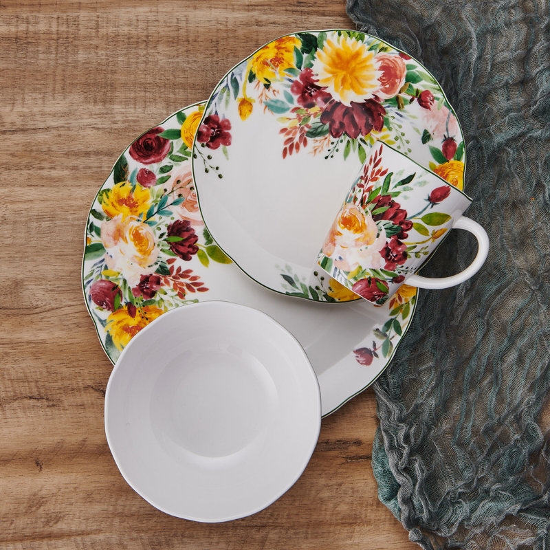 Clara 16-Piece Lightweight Chip-Resistant Bone China Dinnerware Set, Service for 4