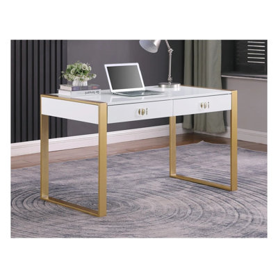 Bureau d'ordinateur 2 tiroirs moderne blanc et doré avec finition laquée et pieds en métal