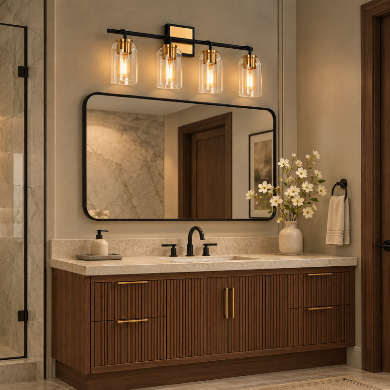 Éclairage pour meuble-lavabo moderne noir / laiton à 4 lumières à intensité variable Nayomee