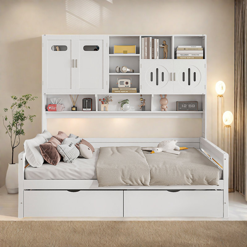 All-in-one Wooden Daybed With 2 Drawers, Cabinets And Shelves, Twin, White