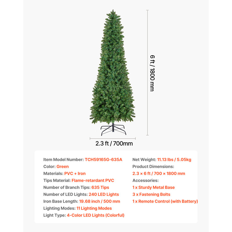 Arbre de Noël, arbre de Noël artificiel pré-éclairé de 6 pi, arbres de décoration de Noël complets avec 240 lumières colorées à DEL, 11 modes d'éclairage, 635 branches et base en métal robuste pour la décoration de bureau à domicile
