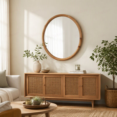 Miroir rond rond avec cadre en bois, miroir circulaire en bois naturel de 31,50 po pour la salle de bain, la chambre à coucher, le vestibule, miroir décoratif moderne Mid-Century
