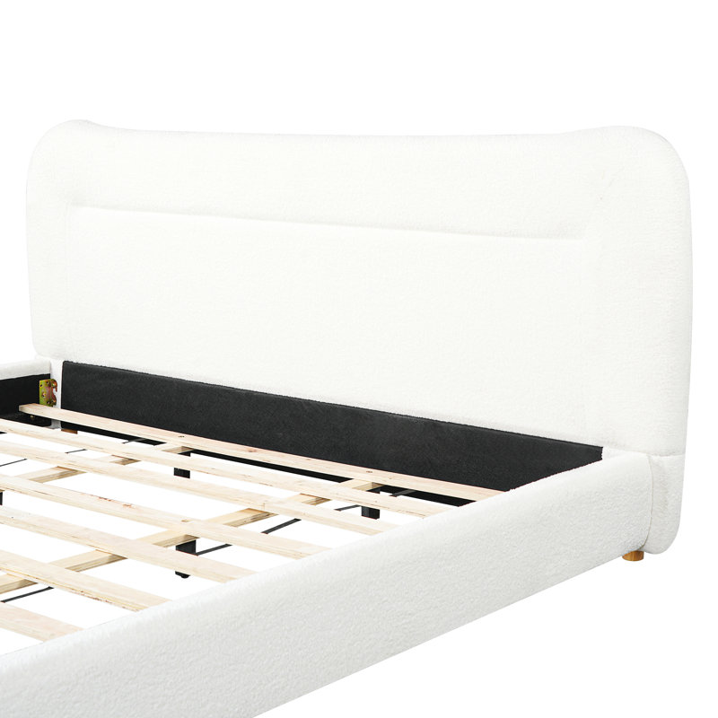 Minimalist Curved Headboard Teddy Bear Plush Bed, King, Cream, Très grand lit