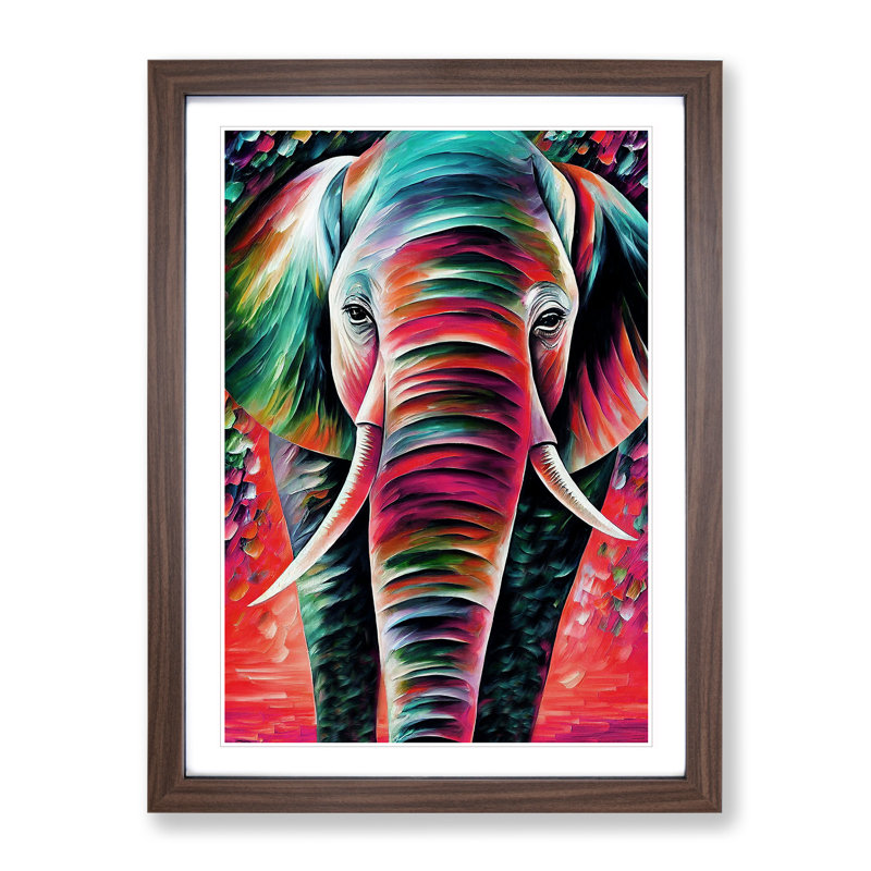 Colourful Elephant No.1 - Wall Art, 66cm H x 48cm W x 2cm D, Walnut Framed, White