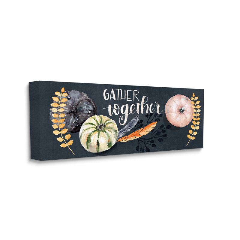 Gather Together Pumpkin Harvest Feathers Deep Blue par - Art textuel, Toile tendue, H 20 po x l 48 po x P 2 po