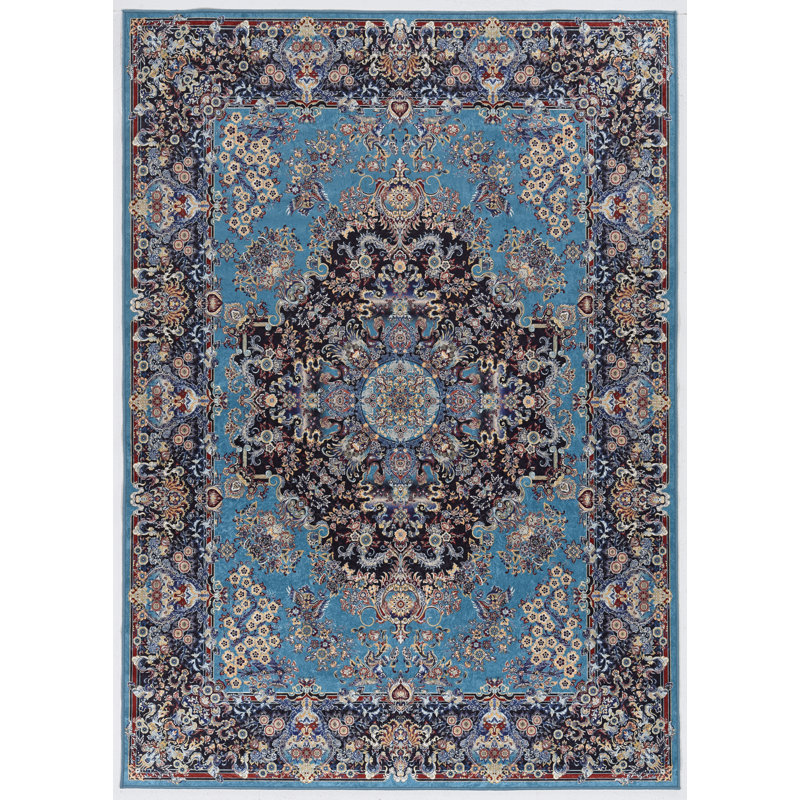 Tapis bleu et bleu marine tissé à plat avec envers antidérapant Emanuel, Rectangle 6 pi 7 po x 9 pi 7 po