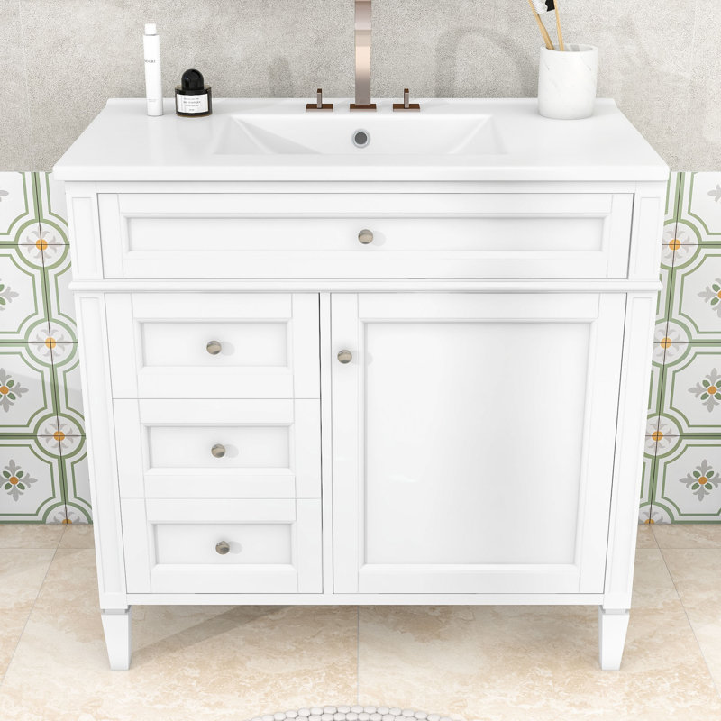 Meuble-lavabo simple en bois Ellarose avec lavabo en céramique et beaucoup de rangement, Blanc / Blanc