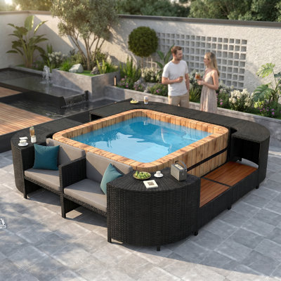 Grey Rattan Spa Surround Sectional Sofa Set with Storage & Mini Sofa for Outdoor Hot Tub Relaxation