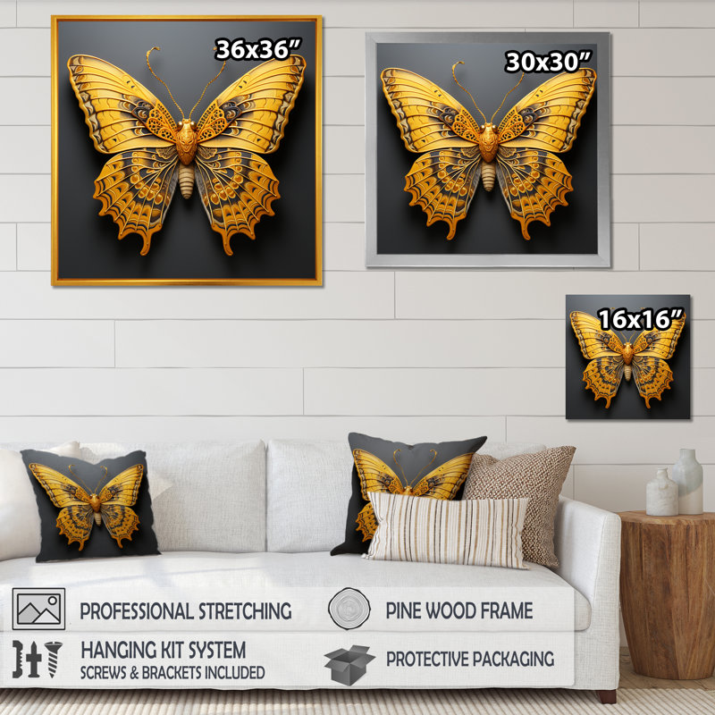 «Lemon Yellow Tones Portray Butterflies I», reproduction sur toile, H 36 po x l 36 po x P 1,5 po, Cadre flottant blanc