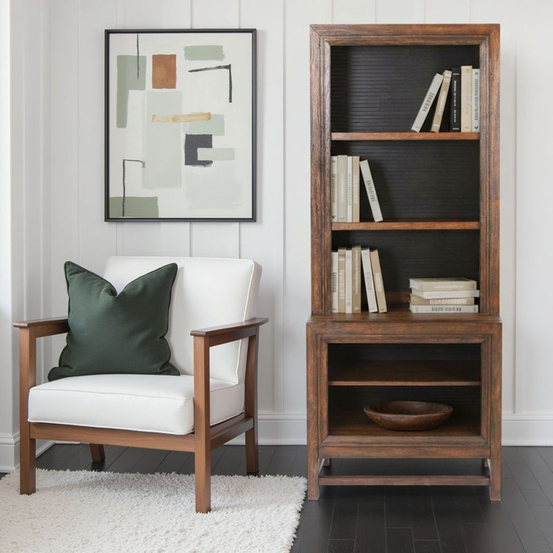 Teton 74 inch high Bookcase Pier Cabinet, No Assembly Required, Rustic Buckeye and Black Finish