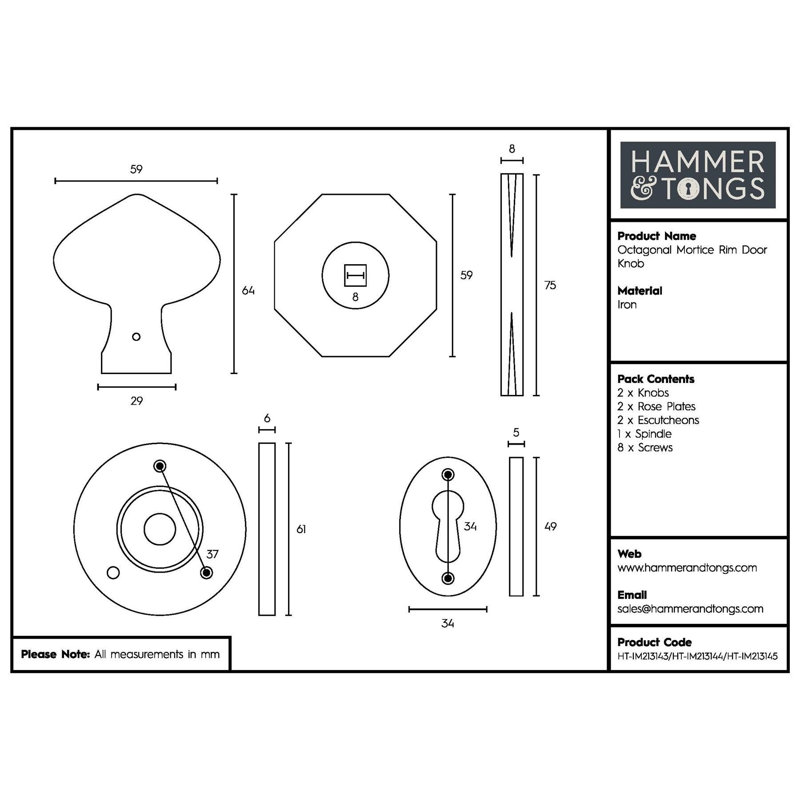 Hammer & Tongs - Octagonal Rim & Mortice Door Knob - W60mm - Brass