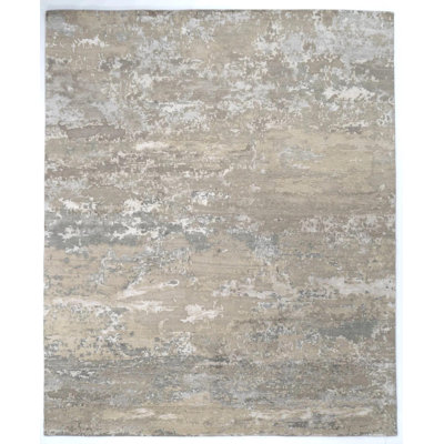 Tapis abstrait 8 x 10 po, tapis en soie en laine noué à la main, tapis contemporain gris beige, tapis neutre texturé de luxe moderne délavé