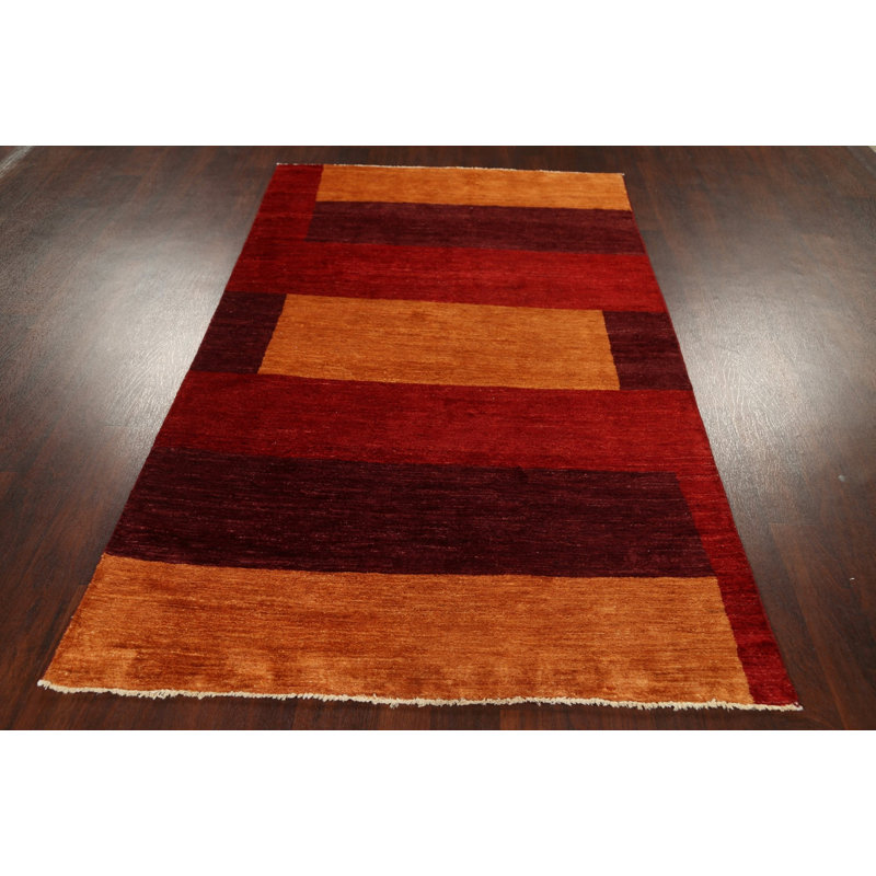 Tapis rouge / orange en laine noué à la main de conception unique 4 pi 7 po x 7 pi 8 po New Age