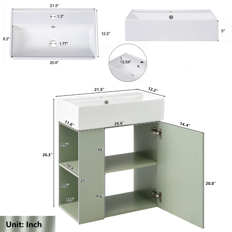 Meuble-lavabo mural 21,5 po avec porte à fermeture douce, Vert